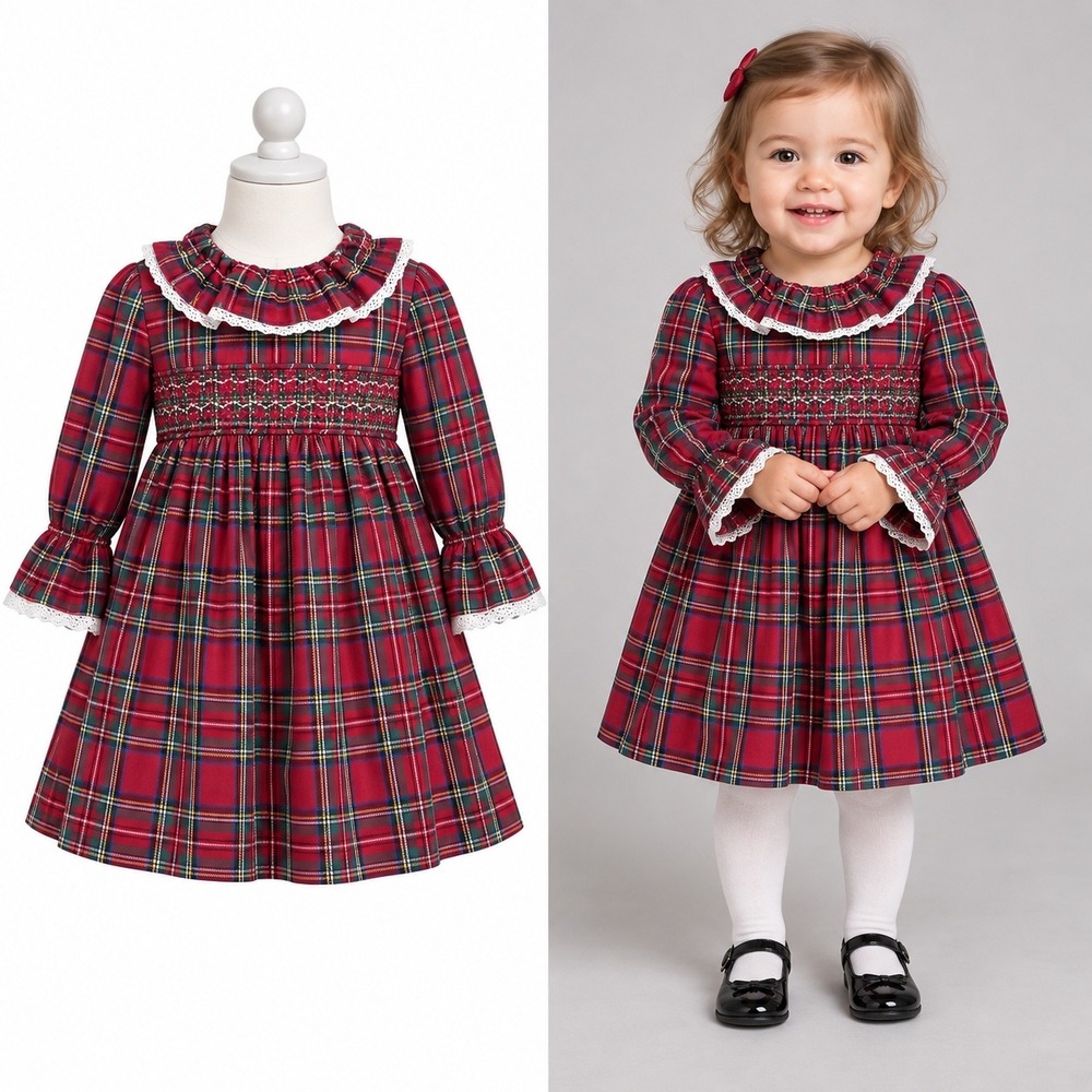 Bonnie Baby Plaid Dress Baby Girl 18M Red Tartan Smocked Lace Ruffle Christmas